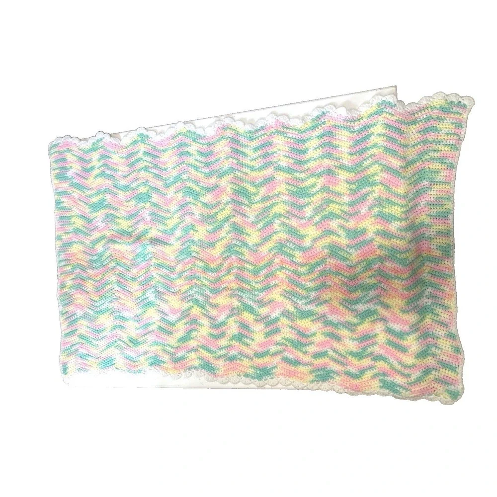 Handmade Chevron Knit Baby Blanket Pink Mint Yellow Scalloped Grannycore Cottage